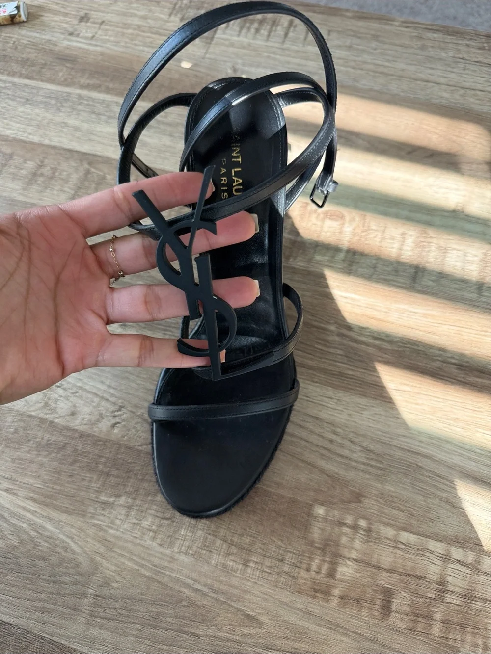 Saint Laurent Black Strappy Logo Wedge Sandals